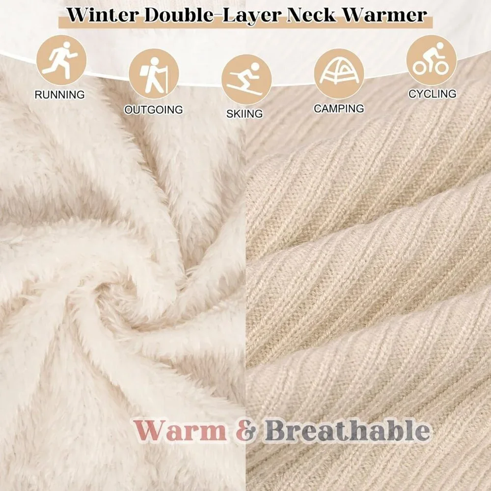 Women's Khaki Scarf Winter Double-Layer Neck Warmer Knit Fleece Lined Circle